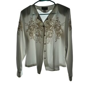 VTG Cathy Cho Floral Embroidered Blouse Women Size 10 White Long Sleeve Coquette